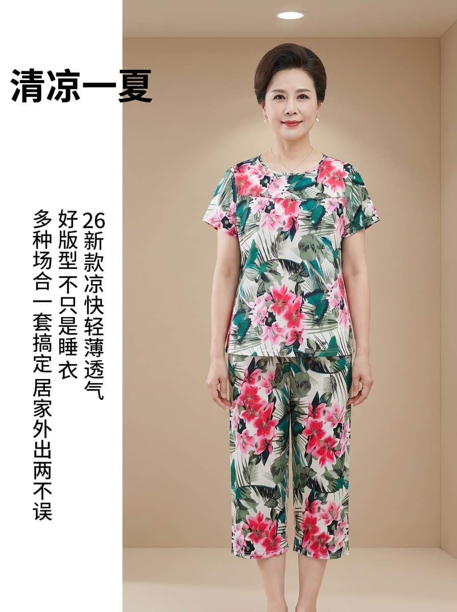 Summer Thin Short Sleeve Pajama Set for Women, Middle-aged and Elderly Mothers, Cotton Silk Sleepwear Pants, Loose Casual Homewear Two-Piece Set