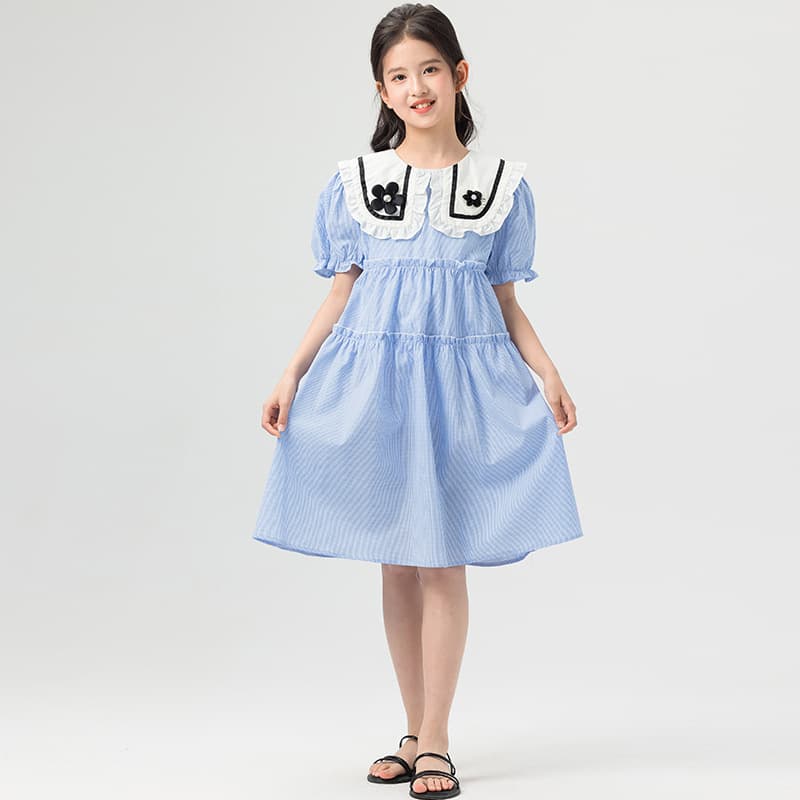 Girls' Dress with Peter Pan Collar, Houndstooth Princess Dress, Korean Style 2025 Summer, Fashionable Dress for Older Children with Rhinestone Embellishment