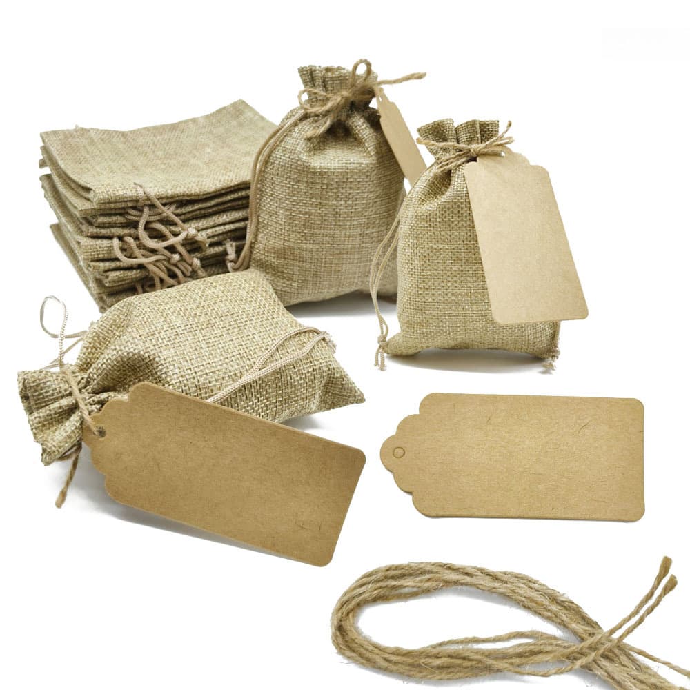 Cross-border factory blank burlap bags hot sale, faux burlap drawstring sacks, wedding/party gift bags with tags