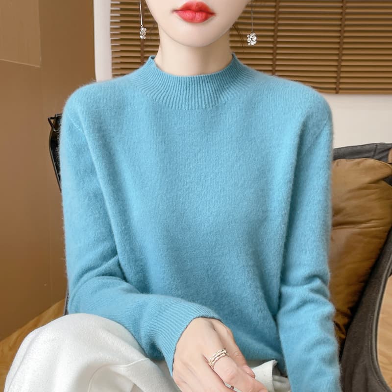 Women's semi-high seamless wool knit sweater, premium feel one-piece garment, loose knitwear for autumn/winter base layer