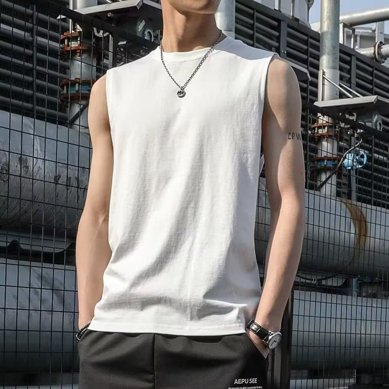 Summer versatile tank top for men, trendy outerwear, loose fit, sports, fitness, basketball, sleeveless, wide-shoulder, sleeveless T-shirt, solid color.