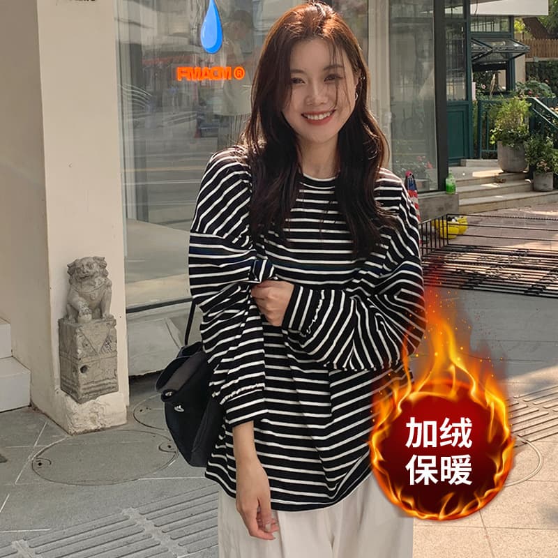 Thickened Fleece Long Sleeve Striped Base Shirt Women Loose Lazy Style T-shirt Trendy Classic Pattern Round Neck Casual Commute