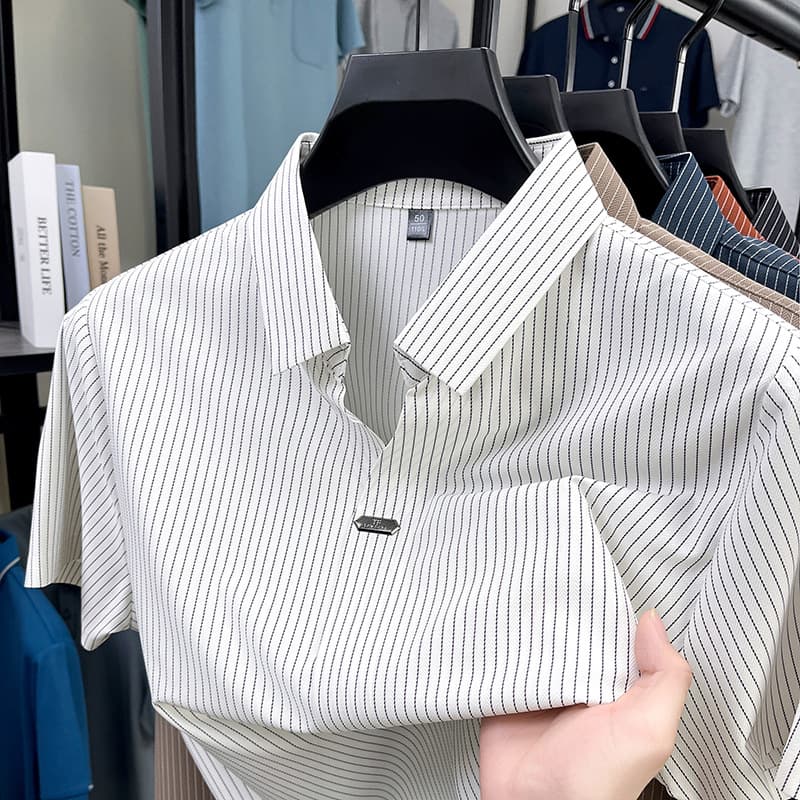 Wholesale High-End Men's Polo Shirt Seamless Short Sleeve T-Shirt Summer Business Striped Shirt New Versatile Top