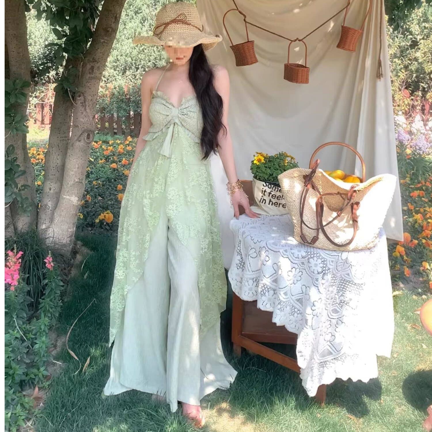 Seaside resort style fake two-piece lace camisole dress women's summer high-waisted skirt two-piece set