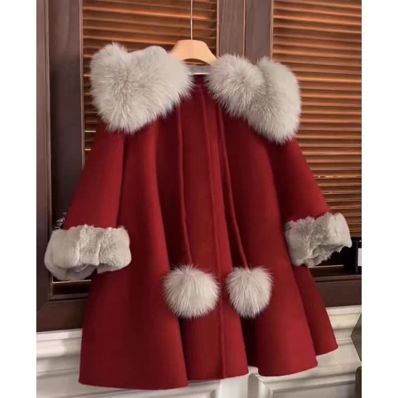Children's Wear Girls' Winter Fox Fur Wool Coat, Children's Baby Autumn/Winter Fashionable Little Girl Cape Cloak Coat