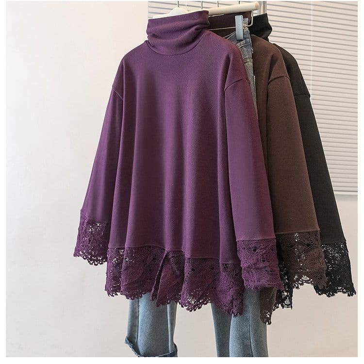 Plus Size De Velvet Lace High Neck Long Sleeve Top Women's Autumn Winter New Loose Slimming Conceal Belly Base Layer