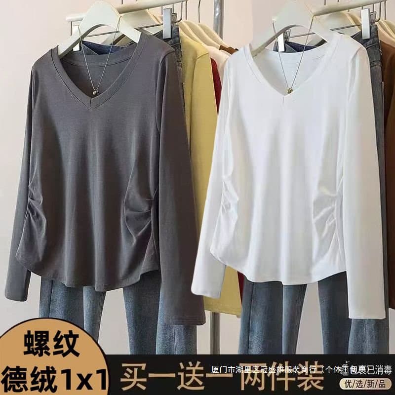 Single/Dual-Piece Velvet Thermal Plus-Size Women's Wear Autumn/Winter New Loose Collar T-Shirt Pleated Solid Color Slim-Fit Long Sleeve Top
