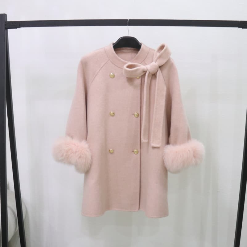 Designed cape woolen coat for women winter new style small fragrant bow double-sided wool coat thickened top
