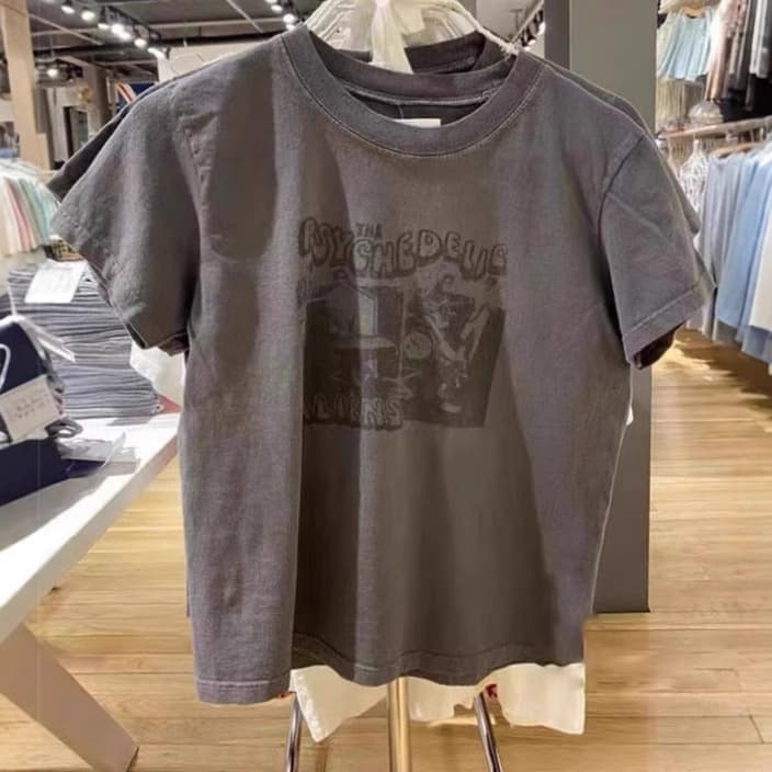 BM Style New American Retro Charcoal Gray Rock Band Print Top, BM Slim Fit Short Sleeve T-Shirt for Women Trendy