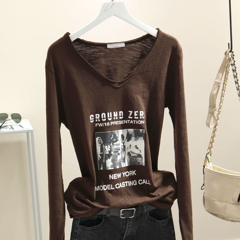 New autumn Korean-style collar long-sleeve letter block print pure bamboo cotton loose T-shirt for women, trendy base layer.