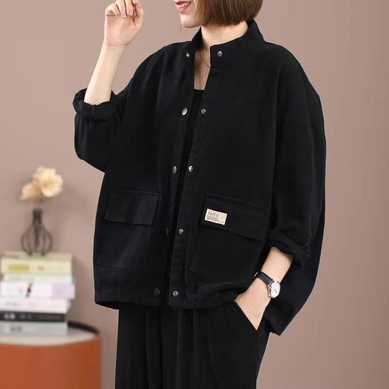 Women's Casual Cotton Stand Collar Workwear Jacket, New Style, Spring and Autumn, Loose Fit, Plus Size, Short Cardigan/Outerwear Top