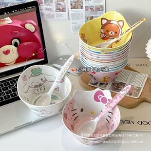 Cute Kuromi Cinnamoroll Hello Kitty Anti-Scalding Children's Bowl Baby Anti-Fall Rice Bowl Spoon Student Instant Noodle Large Bowl