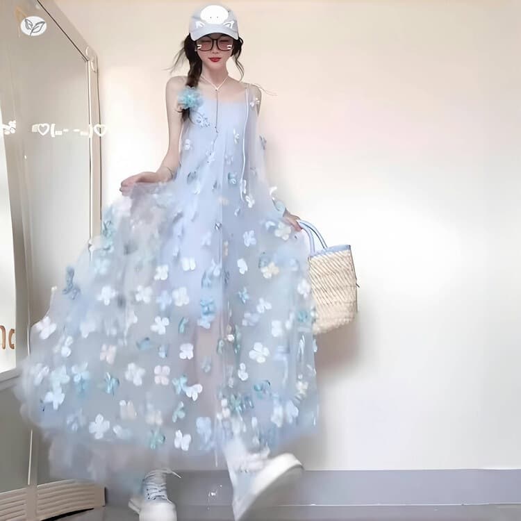 Girls' 3D Floral Tulle Dress 2026 Summer New Style, Big Kids' Resort Style Strapless Long Dress Sweet Beach Dress