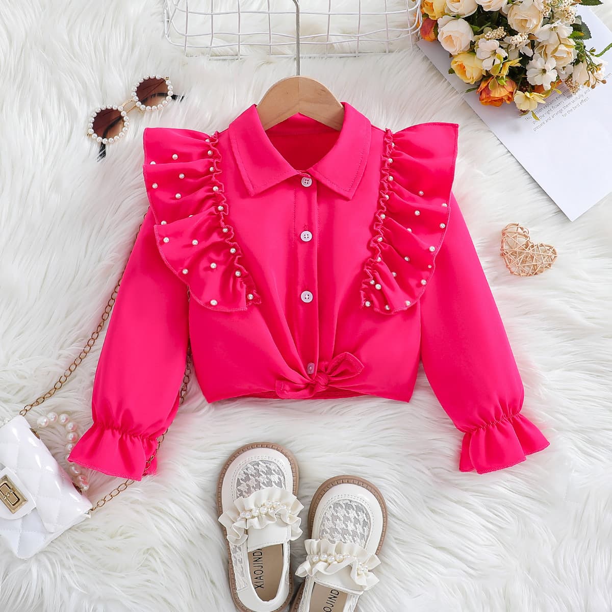 Cross-border European and American style girls' lapel front-button party short long-sleeved navel top with beads and ruffles