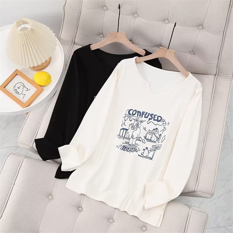 2023 New Casual Versatile Plus Size Long Sleeve Shirt for Curvy Girls, Cartoon Print Brushed Base Layer 186