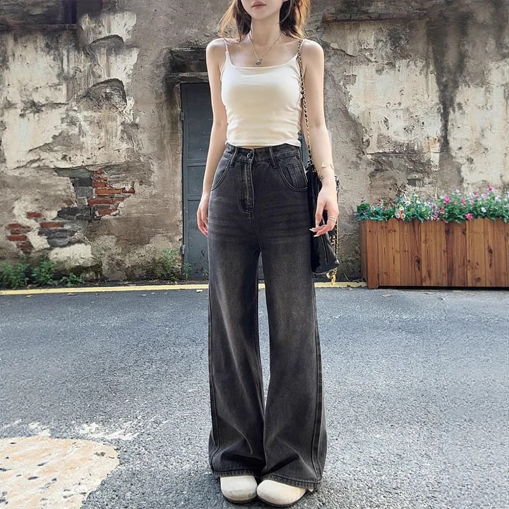 American Black-Gray Korean Relaxed Wide-Leg Jeans for Women 2025 Fall New High-Waist Loose Straight-Leg Pants
