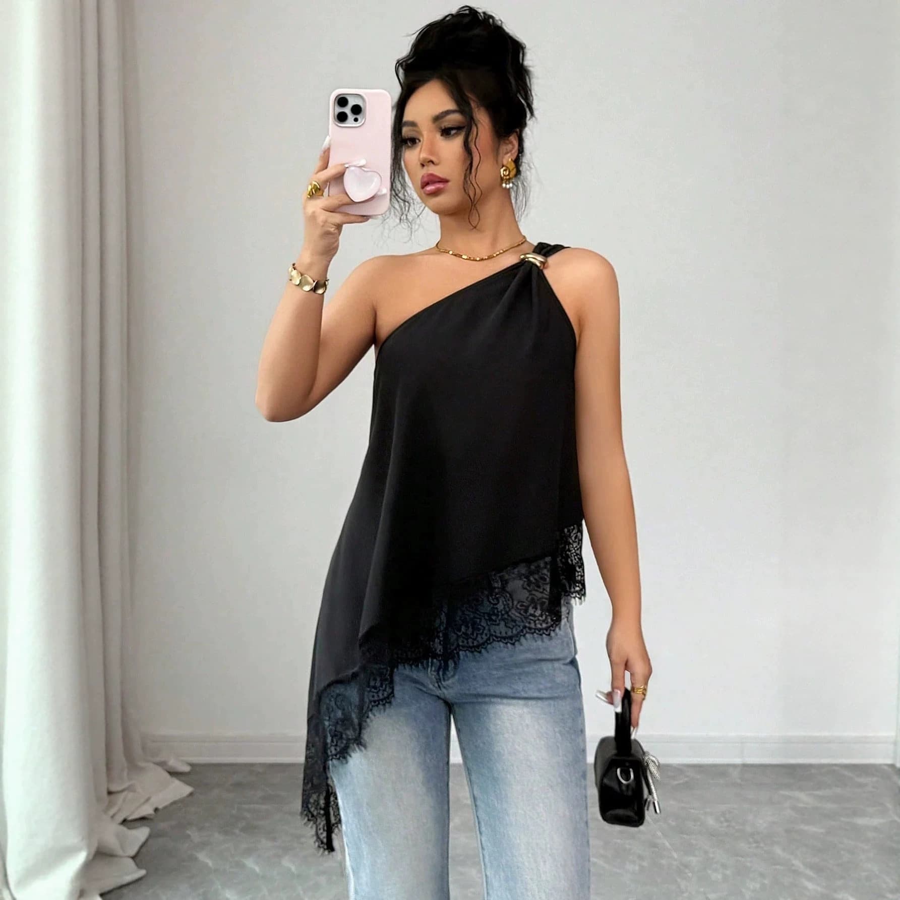 European and American Cross-border Amazon 2026 Summer New Off-Shoulder Metal Buckle Lace Patch Irregular Loose Vest for Women