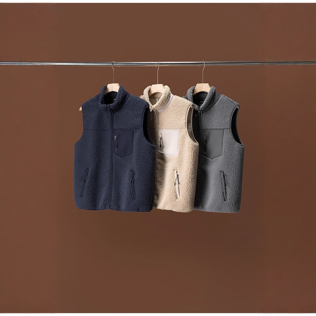 Double-sided fleece stand-up collar vest, thickened windproof winter outerwear, faux lamb wool, unisex couple's style.