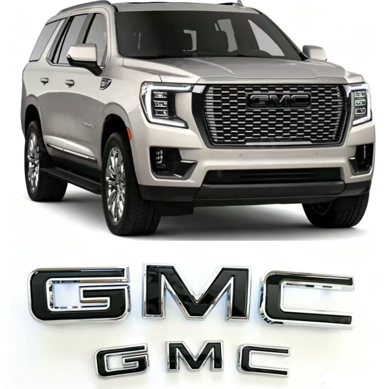GMC Grille Emblem Compatible with 21-24 GMC Yukon XL Replacement Front and Rear Chrome Black Emblem