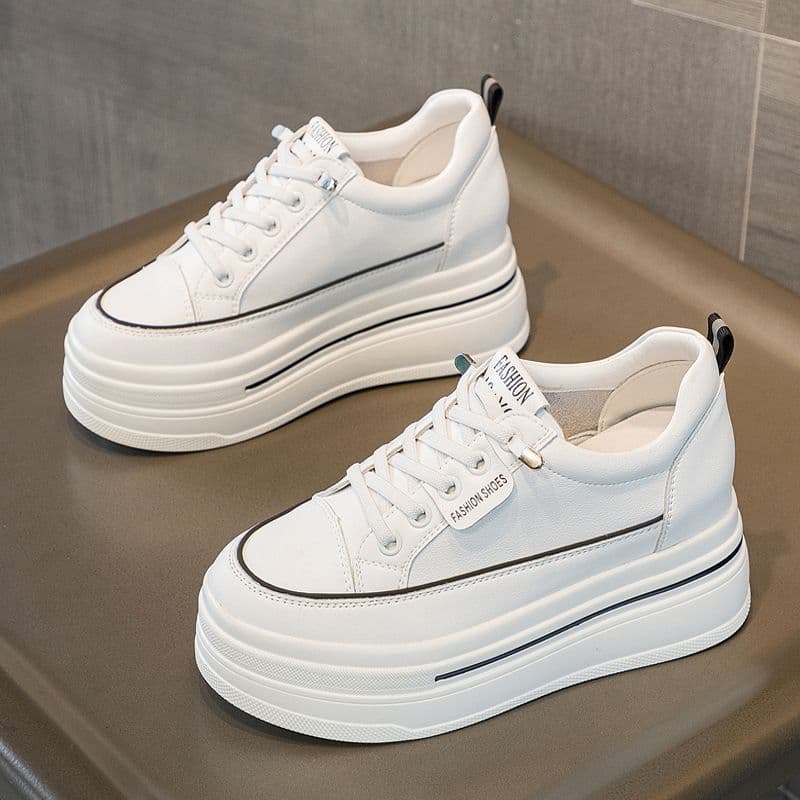 Women's Platform Sneakers with 9cm Hidden Wedge Heel, Chunky Sole, 2026 Spring New Arrival, Leather Thin Style, White Casual Shoes for Women