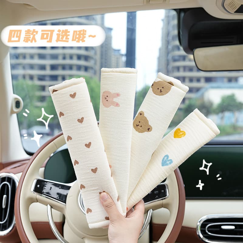 Cartoon Bear Rabbit Seat Belt Cover Premium All-Season Cotton Gauze Comfort Car Anti-chafe Safety Belt Sleeve