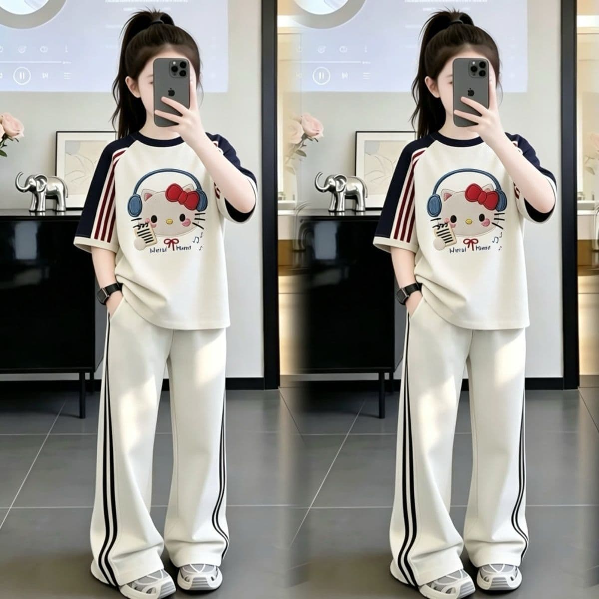 Girls' Fashionable Two-Piece Wide-Leg Pants Summer Outfit for Older Kids, Korean-Style Raglan Contrast Stripe Spliced Short Sleeve Top and Pants Set