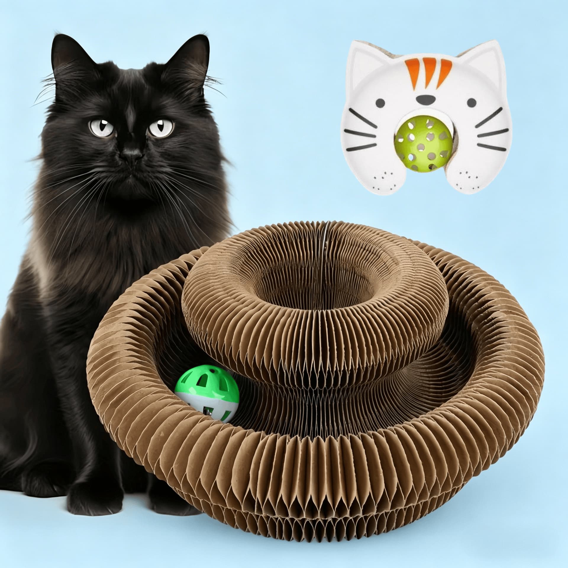 Transformable Magic Accordion Cat Scratcher Foldable Cat Toy with Bell Self-Entertainment Stress Relief Cat Scratching Corrugated Cardboard Cat Bed