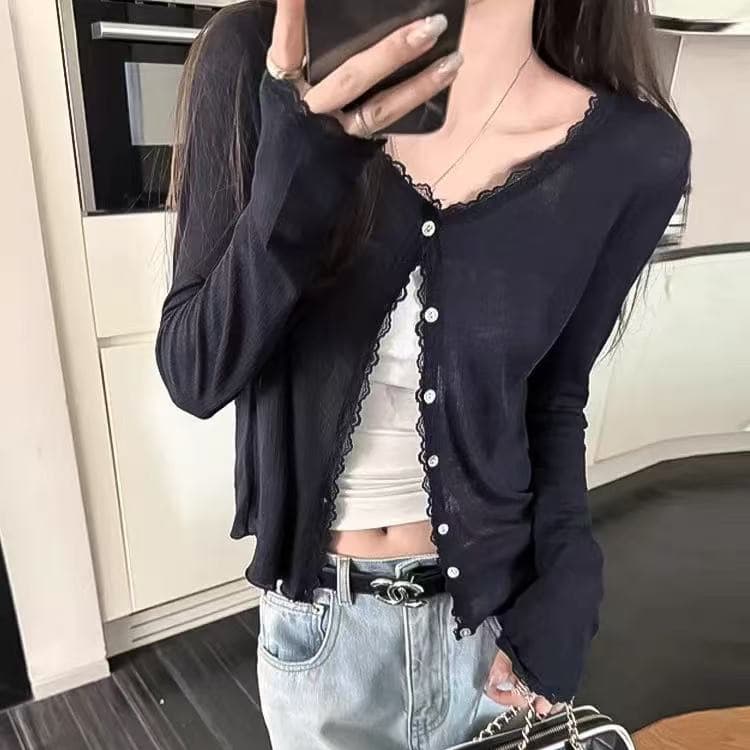 Lace splicing lace soft waxy mask sun protection knitted cardigan women's summer new sweet and light jacket trendy top