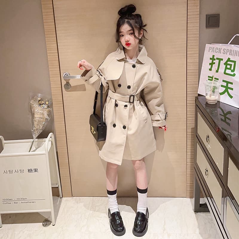Cross-border Wholesale Girls Trench Coat Spring Autumn Children's Quality Fashion Outerwear Medium and Large Kids British Style Chic Mid-Length