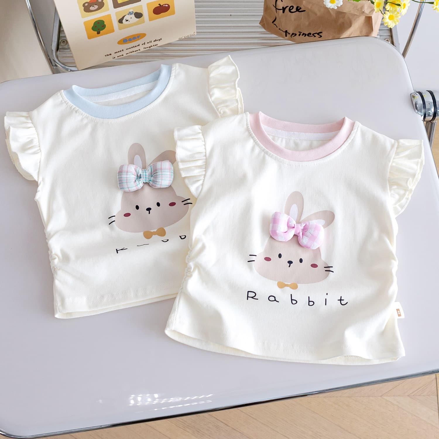 Girls Cute Cartoon Short Sleeve T-Shirt 25 New Summer Baby Girl Fashionable Small Flying Sleeve Vest Rabbit Print Top 3