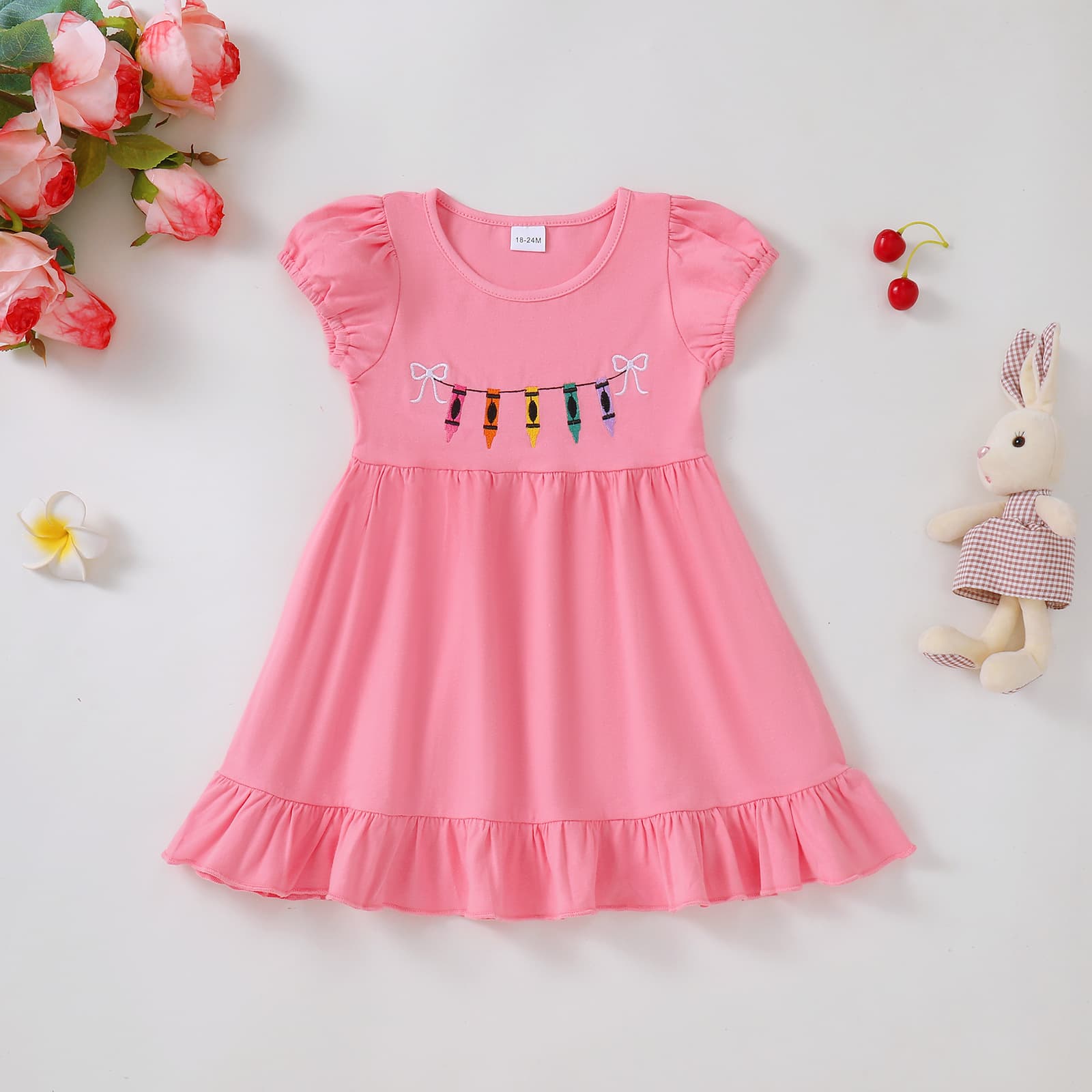 Girls' Summer Pink Dress with Crayon Embroidery, Bubble Sleeve A-Line Skirt, Cute Princess Dress for Toddlers and Kids