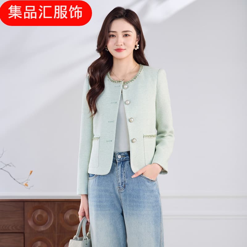 French Hand-Sequined Chanel-Style Jacket for Women, New Spring/Fall Round Neck Elegant Socialite Look, Petite-Friendly Luxury Top