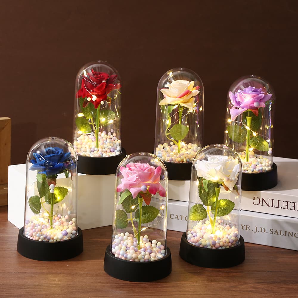 Cross-border Acrylic Plastic Cover with Light Preserved Flowers Simulation Roses Birthday Valentine's Day Housewarming Gift