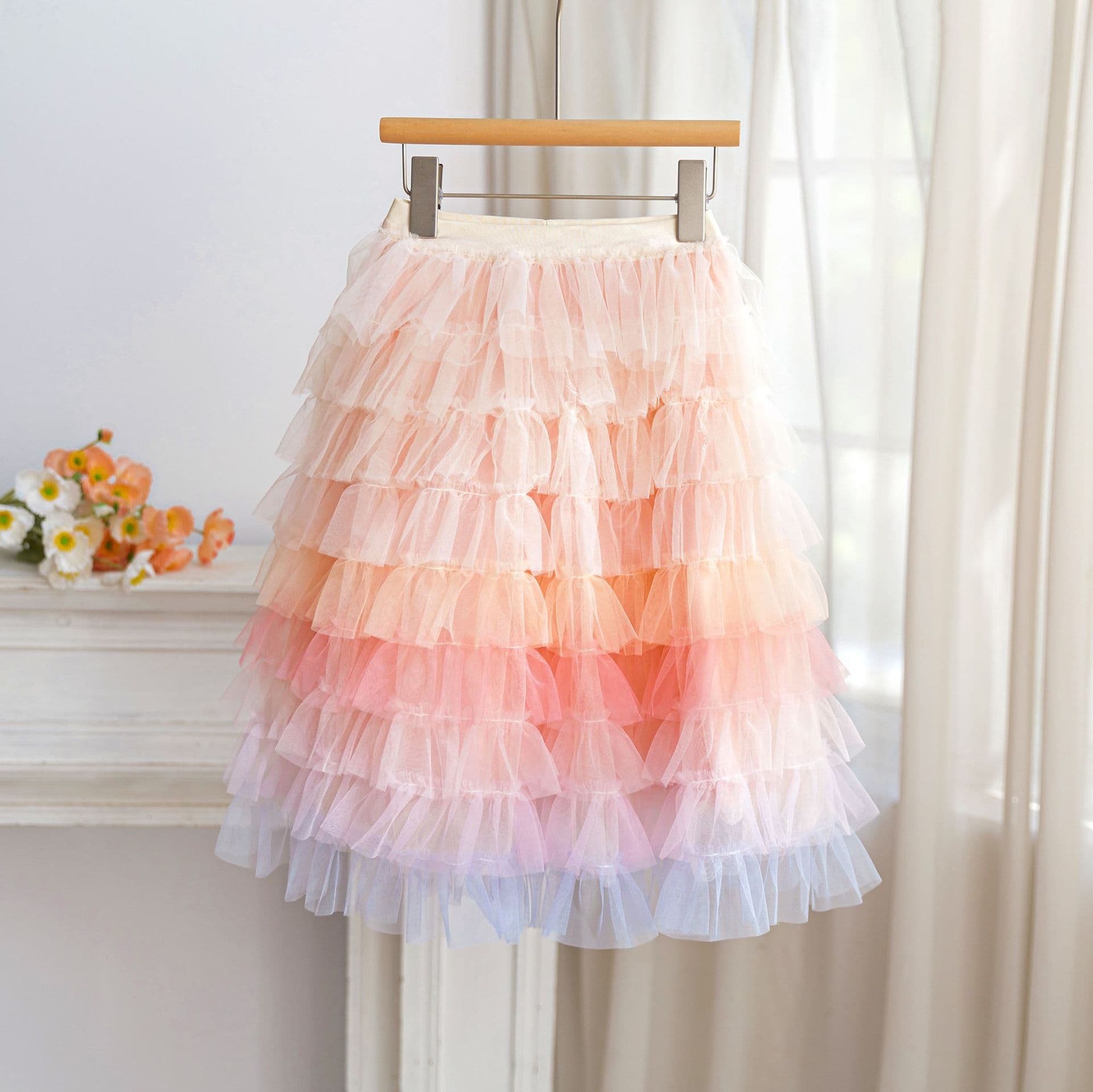Girls' New Rainbow Cake Tutu Dress, Cross-Border Mesh Puffy Skirt, Birthday Princess Dress, Performance Dance Skirt, Waist Skirt