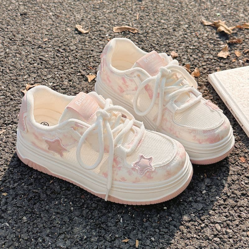 Pink Chunky Platform Sneakers for Women, Unique Star Board Shoes 2025 Summer Autumn Versatile Breathable Mesh Lightweight Casual Shoes