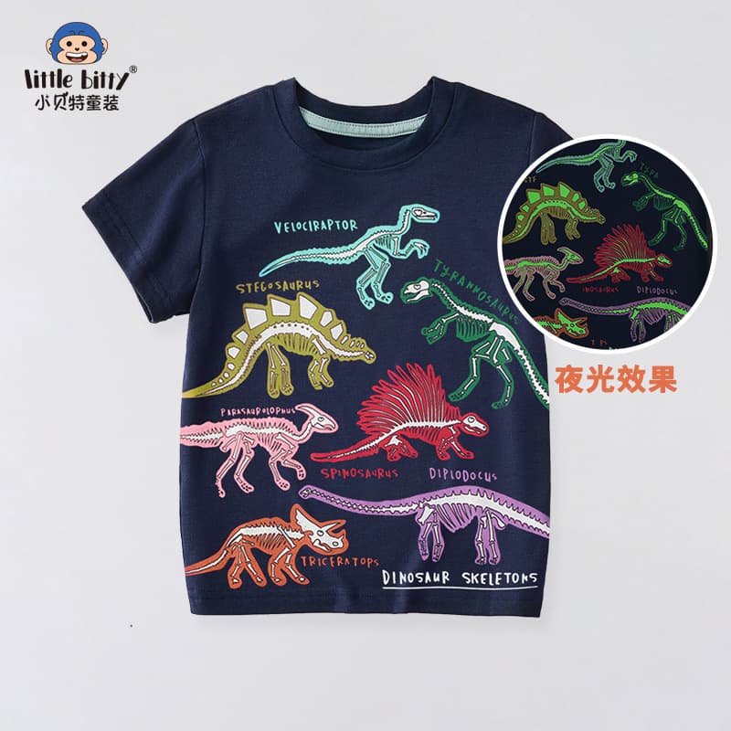 2024 New Summer Children's T-shirt Round Neck Short Sleeves Boy's Fashion Dinosaur Night Glow Printing Top Wholesale
