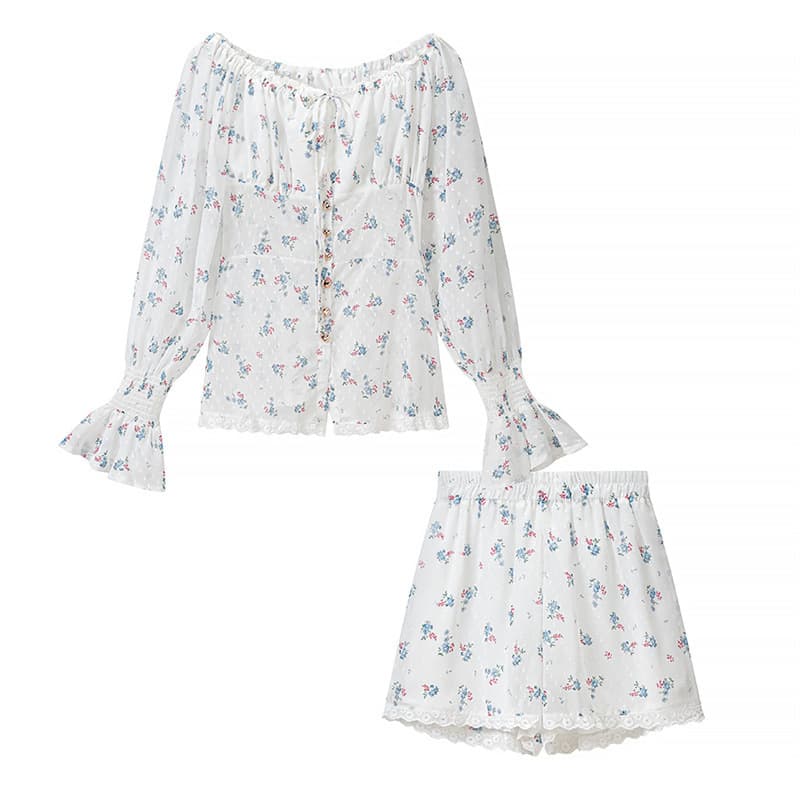 Cross-border European American Style Summer New Women's Fashion Elegant Off-Shoulder Tie Lace Blouse Wide Leg Shorts Set