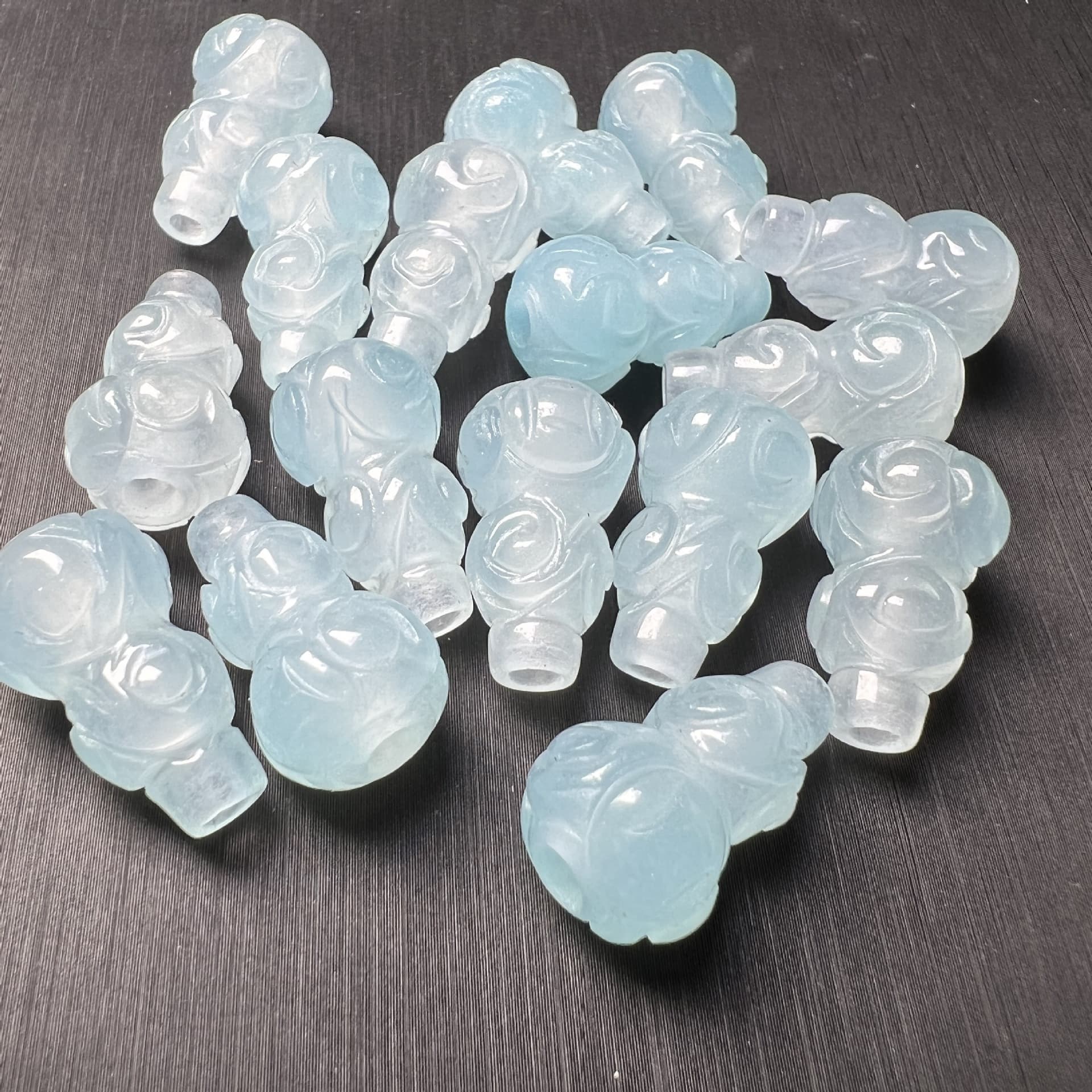 Aquamarine Color Meander Pattern Carved Gourd Pendant, Jade Carving with Through Hole Accessory, DIY Bracelet Jewelry Findings Wholesale