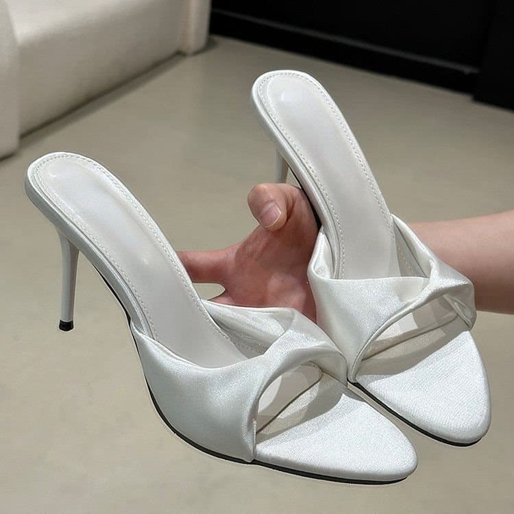 White Pointed-Toe Satin Stiletto Slippers for Women, Summer 2026 Open-Toe High-Heeled Sandals, Trendy and Stylish