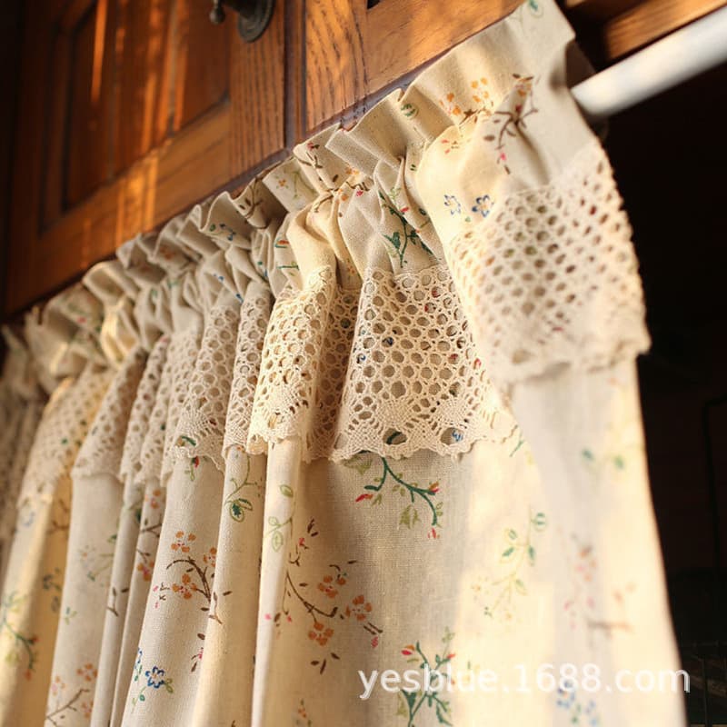 Cross-border floral cotton-linen coffee curtains, kitchen short curtains, partition curtains, half curtains, self-adhesive curtains, American new style, year-round supply