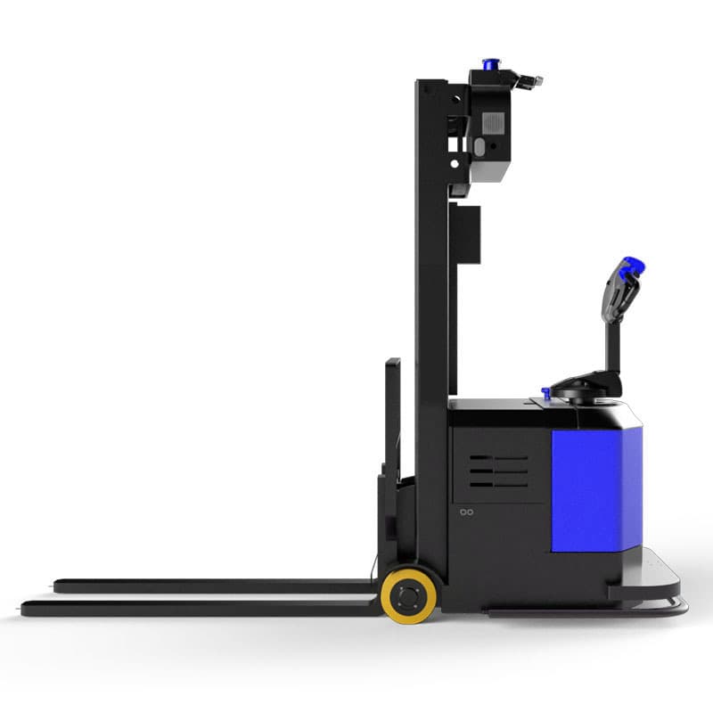 Laser-guided AGV forklift stacker robot for transporting tanks, drums, and containers in pharmaceutical and chemical plants; explosion-proof unmanned AMR vehicle.