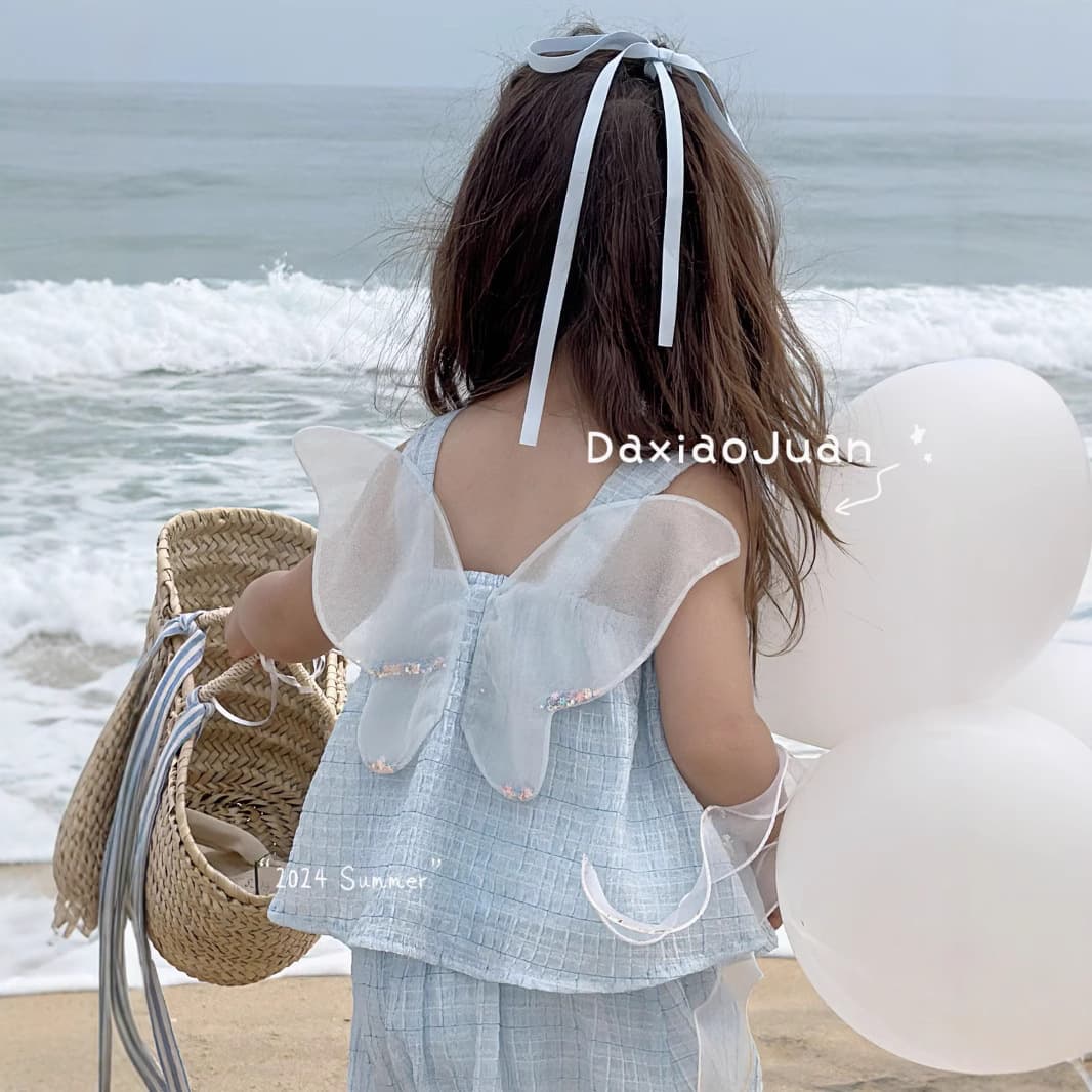 Big and small rolls new Korean style summer bow wings fairy suspender shorts cute princess two-piece suit