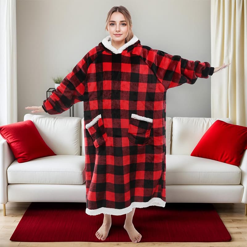 Europe and America Exclusive 1.2m Red Plaid Lazy Blanket Thickened Warm Hooded Pullover with Double Pockets Digital Printing