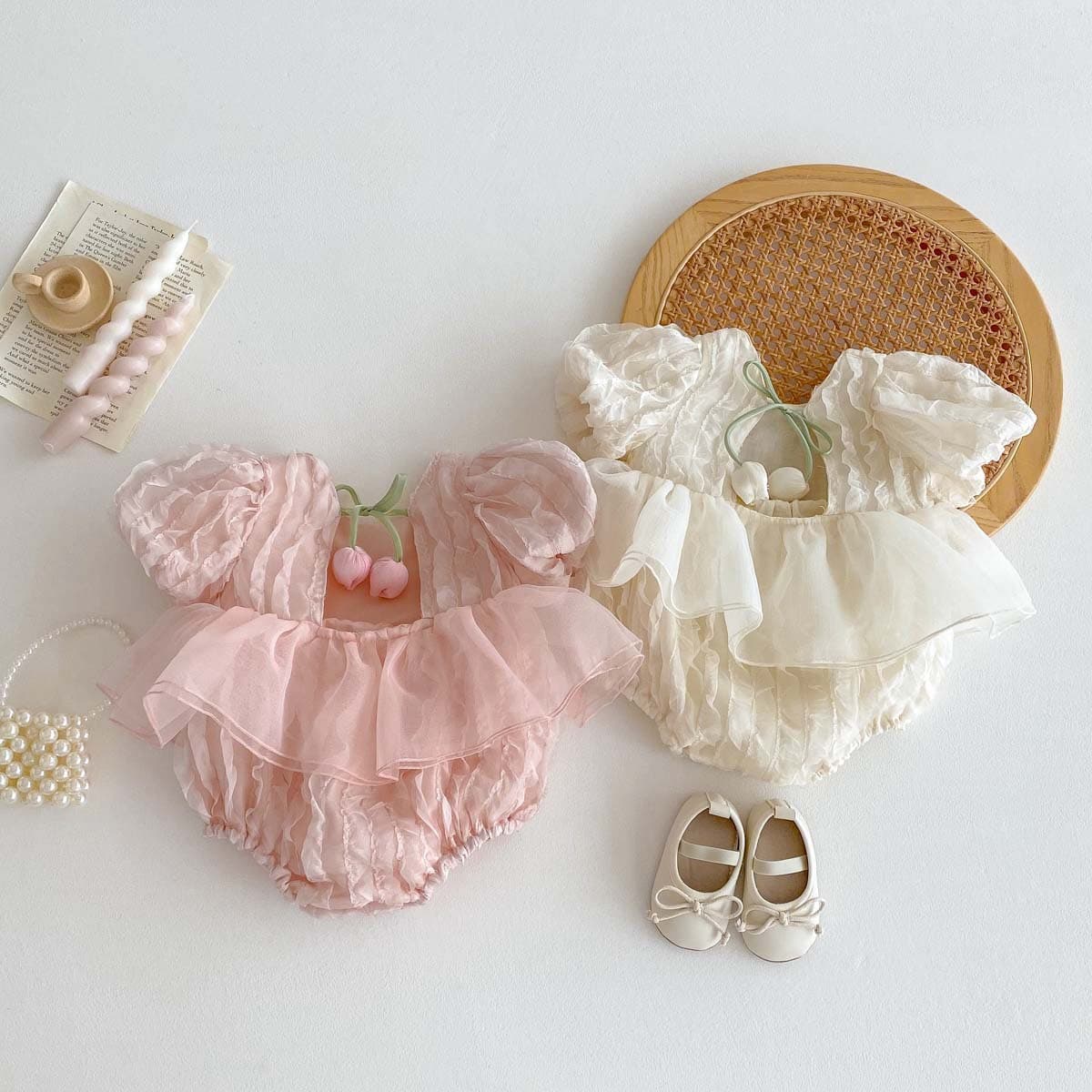 Children's summer new puff-sleeved short-sleeved jumpsuit baby girl sweet tulip backless lace harem