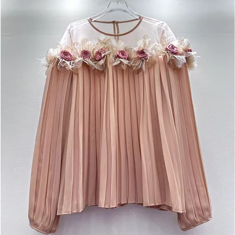 Heavy Work 3D Flower Pleated Korean Style Shirt Women's New Design Sense Chic Loose Slimming Long Sleeve Top