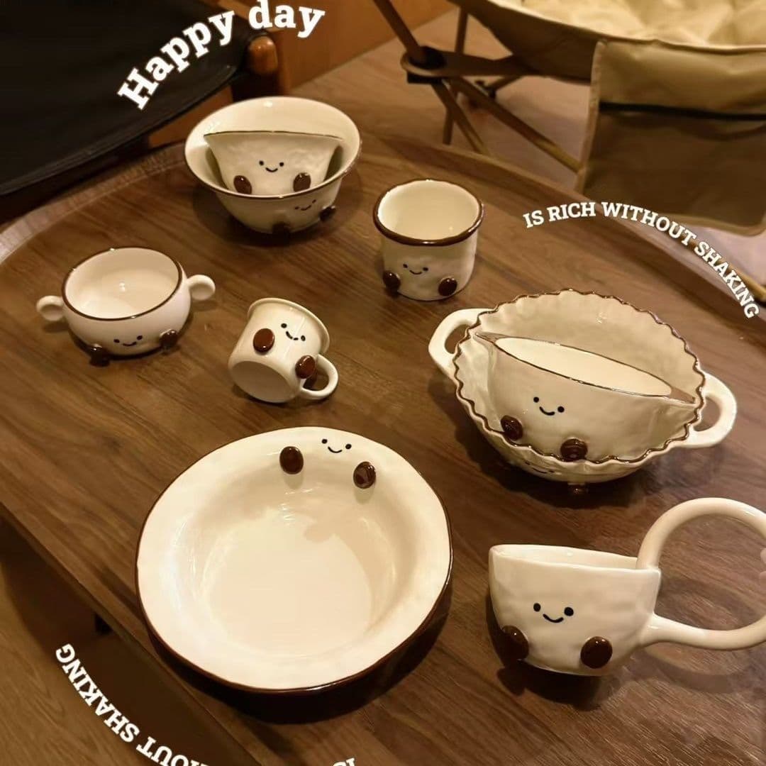 Jelly Hand-Painted Underglaze Cute Footprint Ceramic Plate, Instant Noodles Salad Yogurt Bowl with Double-Handle Water Cup
