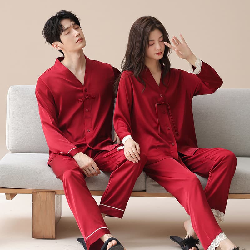 Chinese-style Long-sleeve Homewear for Men, Ice Silk, Couple Pajamas for Wedding, Autumn Red, Zodiac Year Wedding Pajamas
