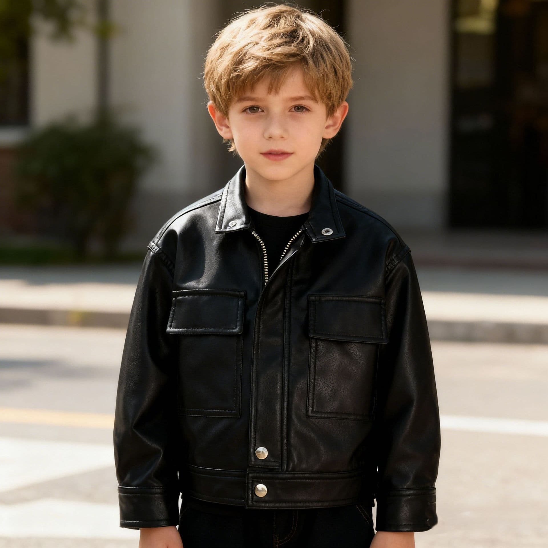 New Children's Motorcycle PU Leather Jacket Boys PU Coat with Front Chest Double Pockets