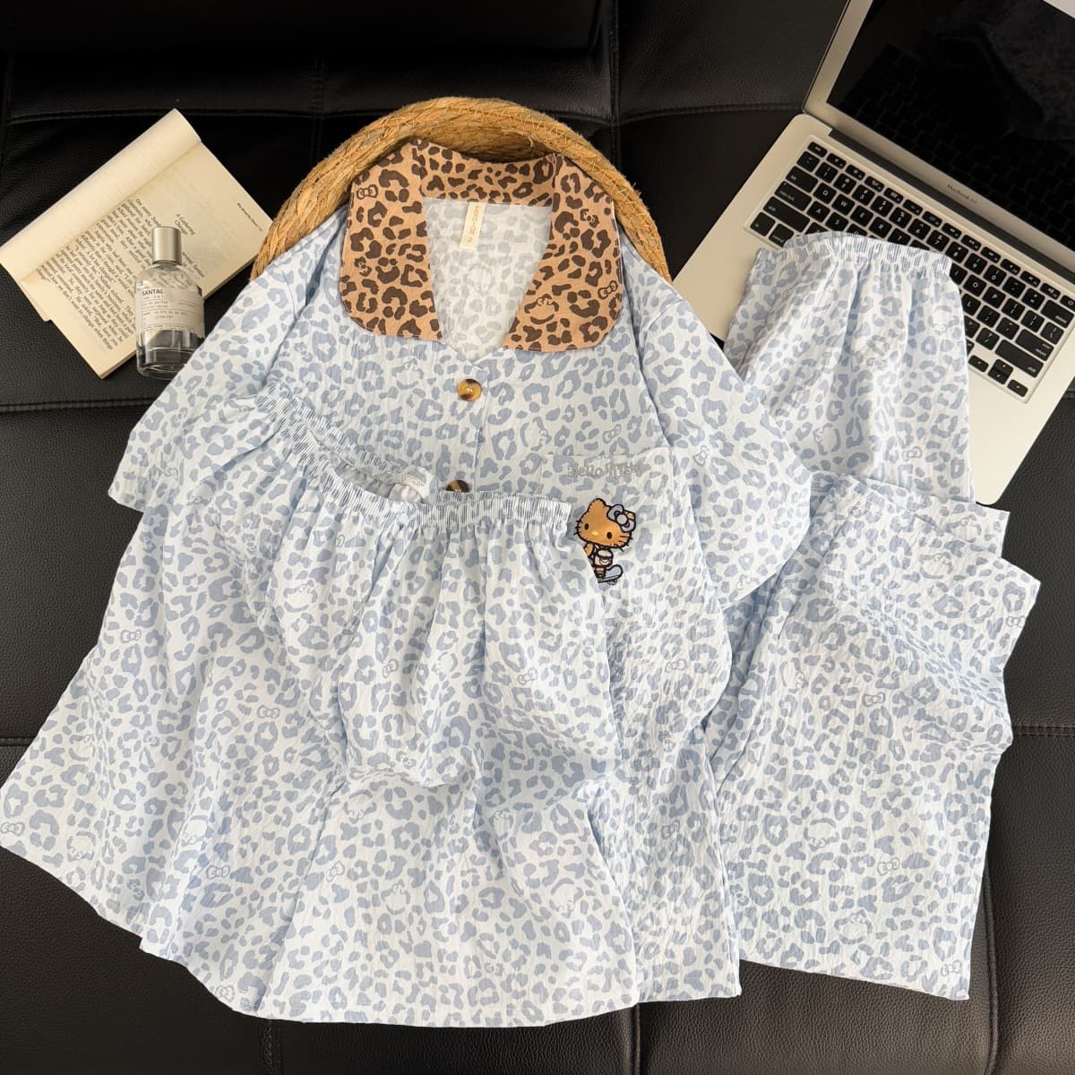 Cross-border wholesale Korean style sweet pajamas women's cardigan summer cloud cotton three-piece suit women's home clothes can be worn outside