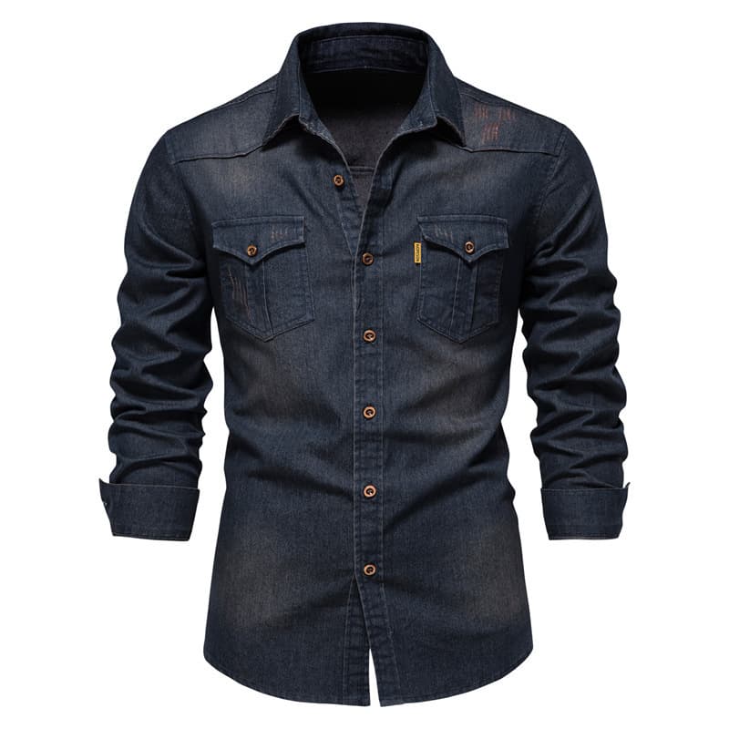 Casual Denim Shirt Men European Size Cross-border Long Sleeve Shirt Men's Style 2024 Solid Color Men's Ready Stock